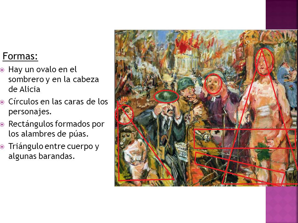 Formas: Hay un ovalo en el sombrero y en la cabeza de Alicia