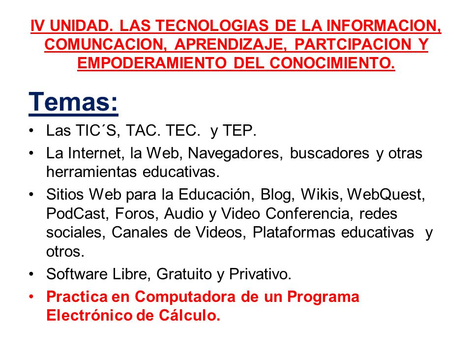 IV UNIDAD. LAS TECNOLOGIAS DE LA INFORMACION, COMUNCACION, APRENDIZAJE, PARTCIPACION Y EMPODERAMIENTO DEL CONOCIMIENTO.