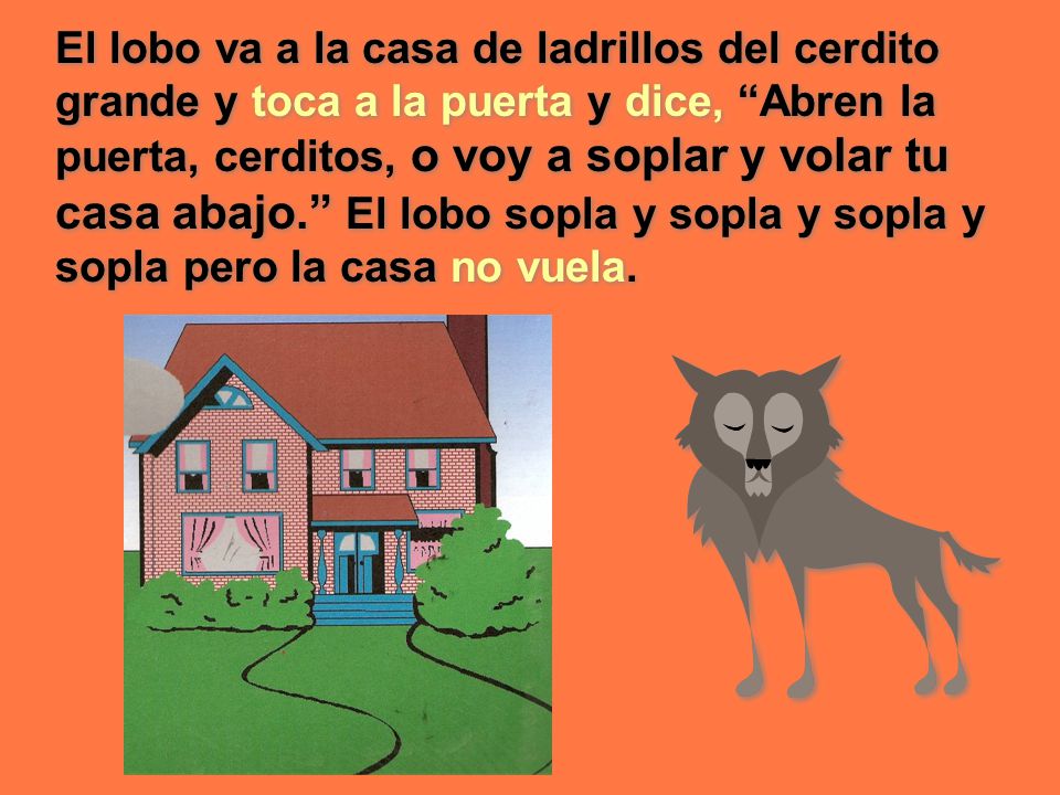 El lobo va a la casa de ladrillos del cerdito grande y toca a la puerta y dice, Abren la puerta, cerditos, o voy a soplar y volar tu casa abajo. El lobo sopla y sopla y sopla y sopla pero la casa no vuela.