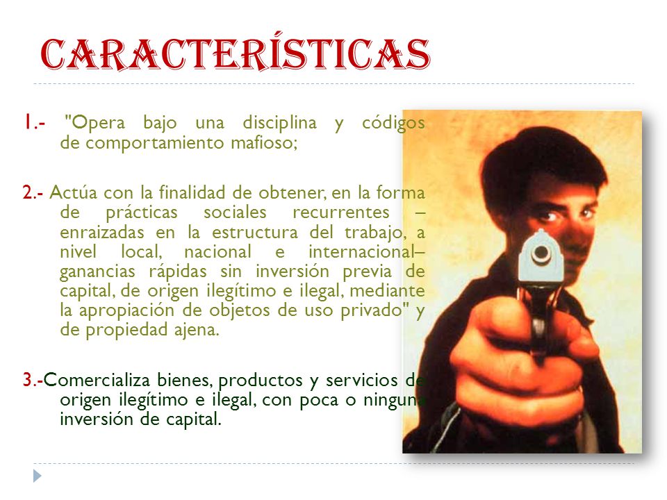 CARACTERÍSTICAS 1.- Opera bajo una disciplina y códigos de comportamiento mafioso;