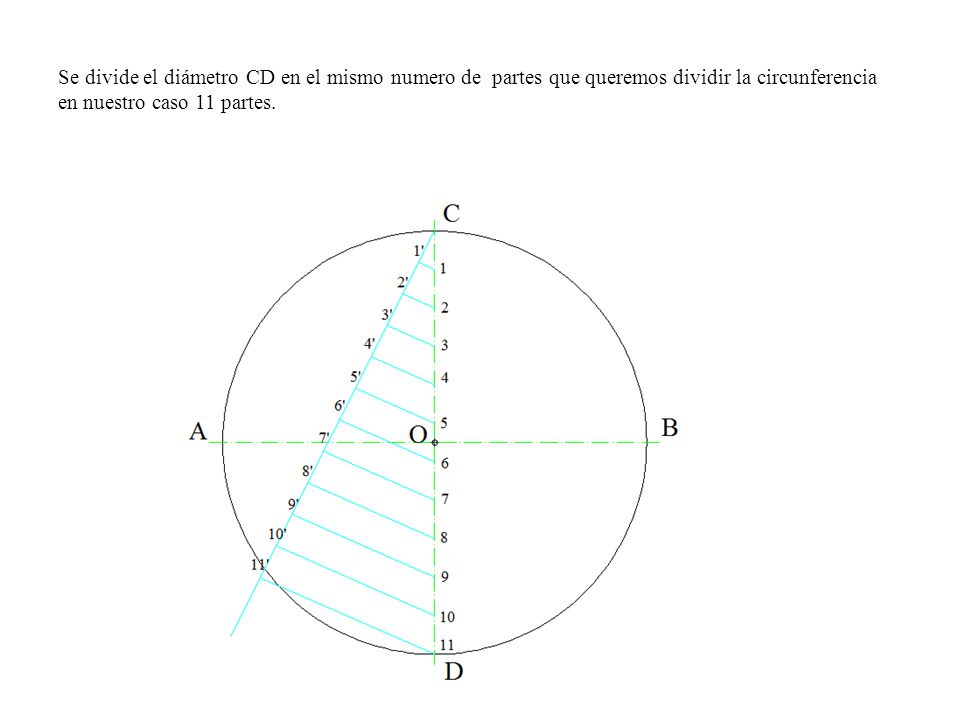 Se divide el diámetro CD en el mismo numero de partes que queremos dividir la circunferencia en nuestro caso 11 partes.