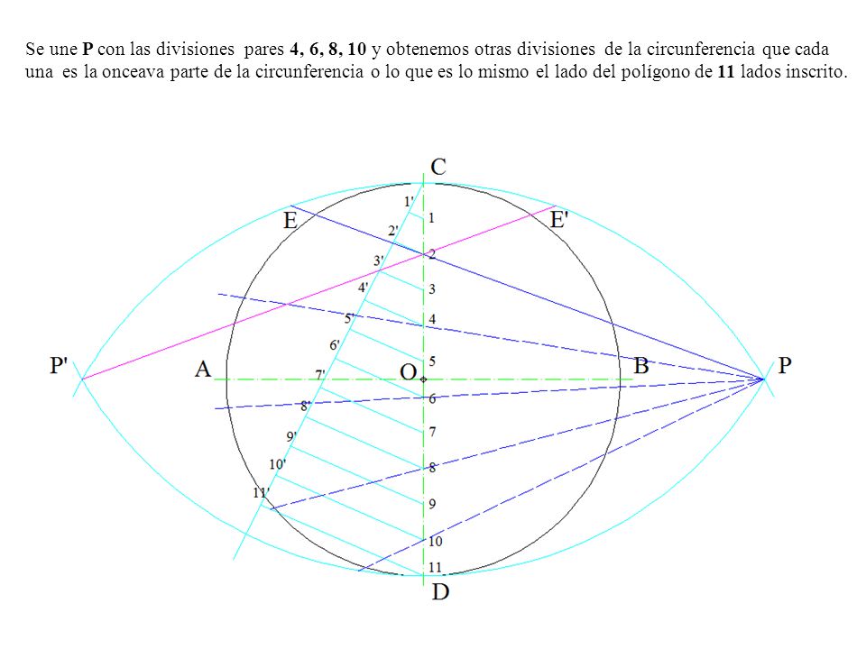 Se une P con las divisiones pares 4, 6, 8, 10 y obtenemos otras divisiones de la circunferencia que cada una es la onceava parte de la circunferencia o lo que es lo mismo el lado del polígono de 11 lados inscrito.