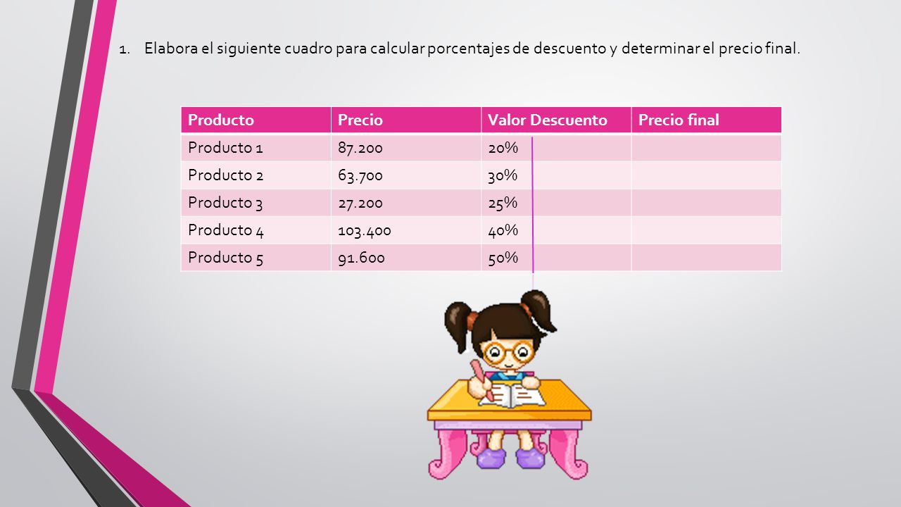 Elabora el siguiente cuadro para calcular porcentajes de descuento y determinar el precio final.