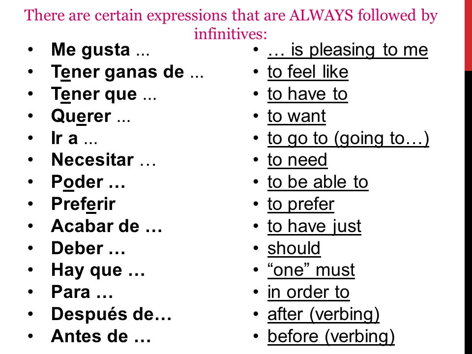 There are certain expressions that are ALWAYS followed by infinitives: