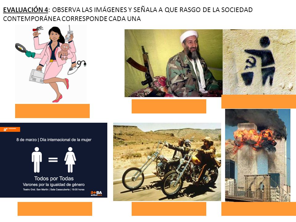 EVALUACIÓN 4: OBSERVA LAS IMÁGENES Y SEÑALA A QUE RASGO DE LA SOCIEDAD CONTEMPORÁNEA CORRESPONDE CADA UNA