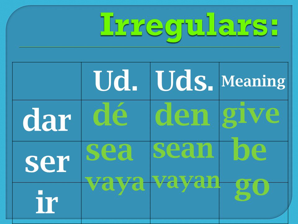 Irregulars: dar ser ir dé den sea be go Ud. Uds. give sean vaya vayan