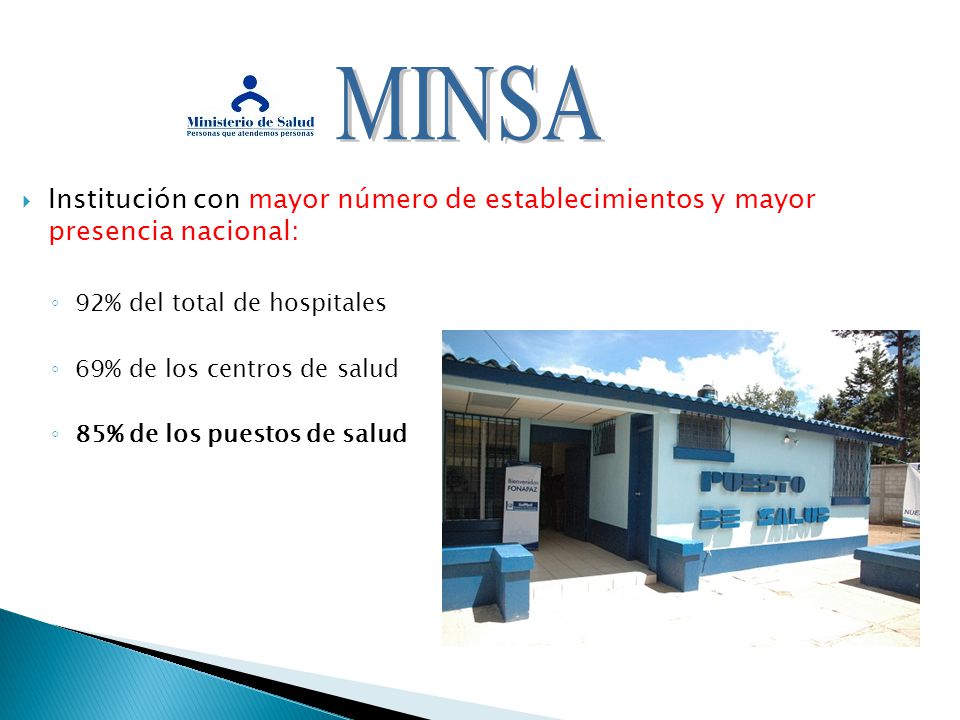 MINSA Institución con mayor número de establecimientos y mayor presencia nacional: 92% del total de hospitales.
