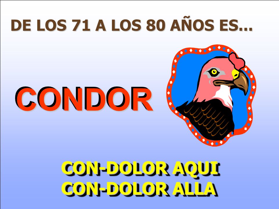 DE LOS 71 A LOS 80 AÑOS ES... CONDOR CON-DOLOR AQUI CON-DOLOR ALLA
