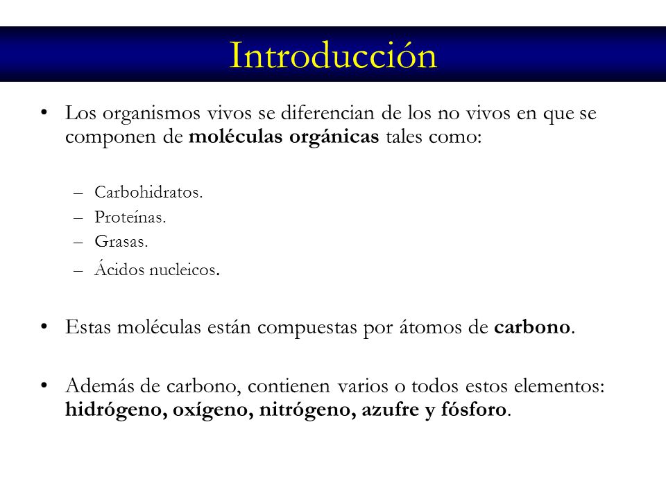 Introducción Los organismos vivos se diferencian de los no vivos en que se componen de moléculas orgánicas tales como: