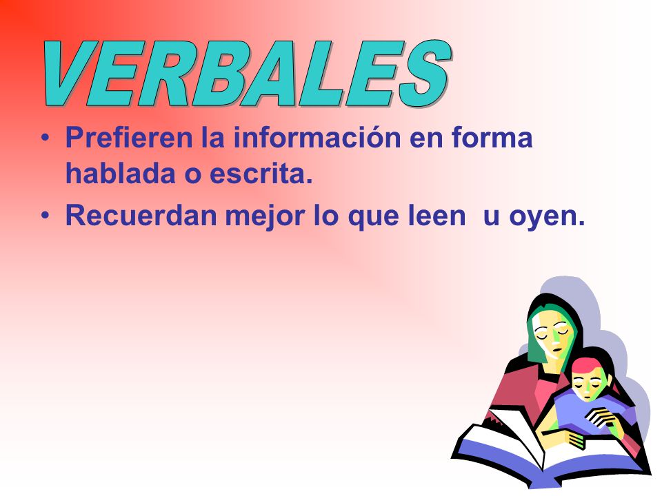 VERBALES Prefieren la información en forma hablada o escrita.