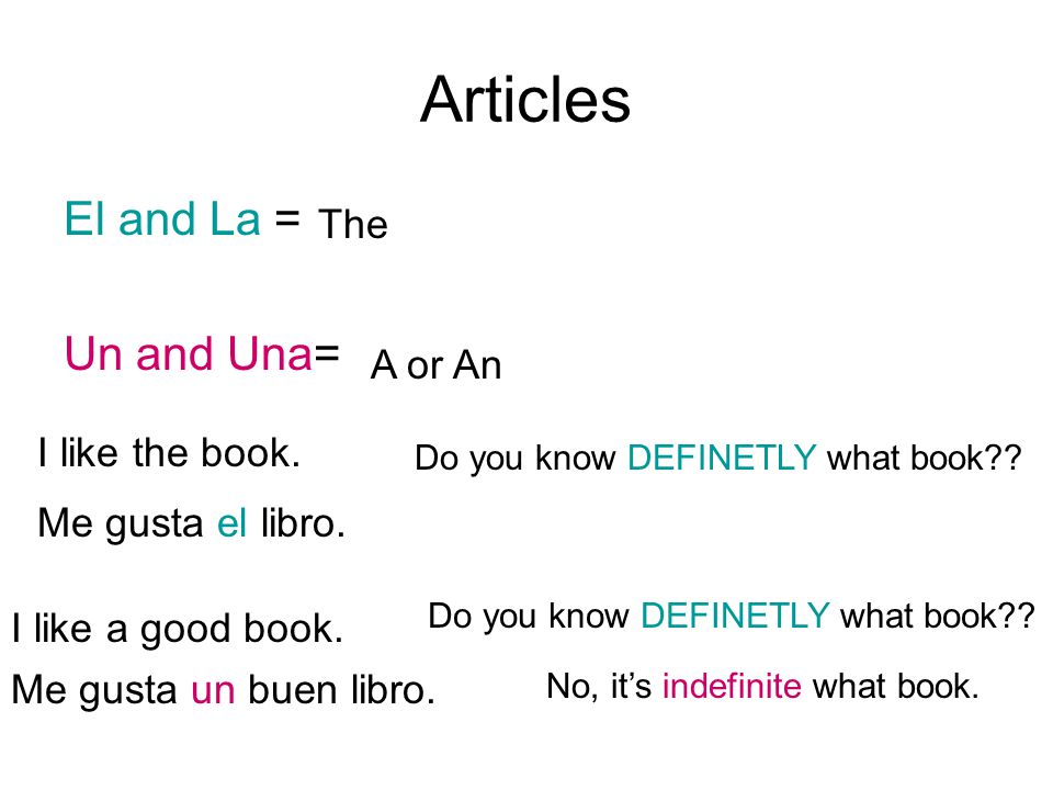 Articles El and La = Un and Una= The A or An I like the book.