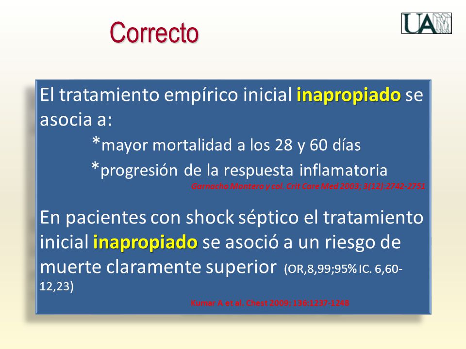 Correcto El tratamiento empírico inicial inapropiado se asocia a: *mayor mortalidad a los 28 y 60 días.