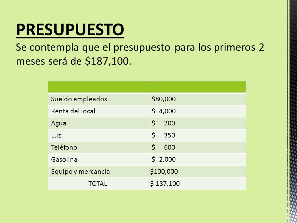 PRESUPUESTO Se contempla que el presupuesto para los primeros 2 meses será de $187,100.