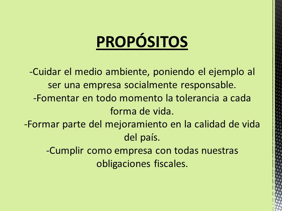 PROPÓSITOS -Cuidar el medio ambiente, poniendo el ejemplo al ser una empresa socialmente responsable.