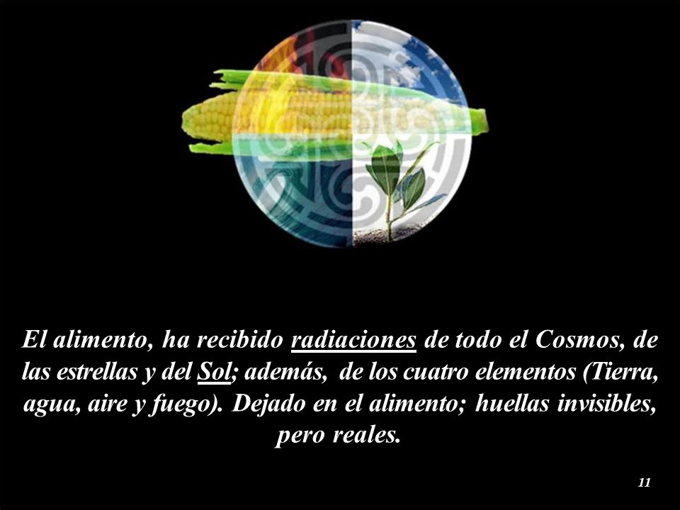 El alimento, ha recibido radiaciones de todo el Cosmos, de las estrellas y del Sol; además, de los cuatro elementos (Tierra, agua, aire y fuego).