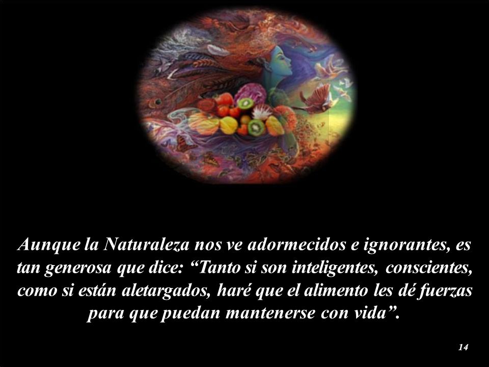Aunque la Naturaleza nos ve adormecidos e ignorantes, es tan generosa que dice: Tanto si son inteligentes, conscientes, como si están aletargados, haré que el alimento les dé fuerzas para que puedan mantenerse con vida .