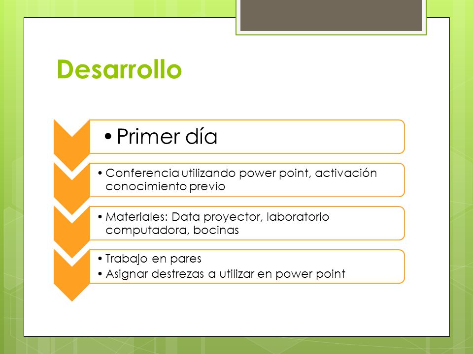 Desarrollo Primer día. Conferencia utilizando power point, activación conocimiento previo.
