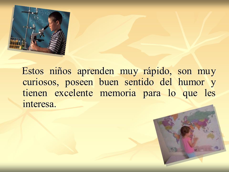 Estos niños aprenden muy rápido, son muy curiosos, poseen buen sentido del humor y tienen excelente memoria para lo que les interesa.