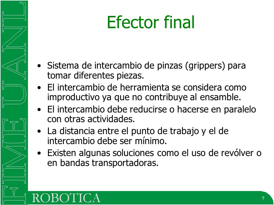 Efector final Sistema de intercambio de pinzas (grippers) para tomar diferentes piezas.