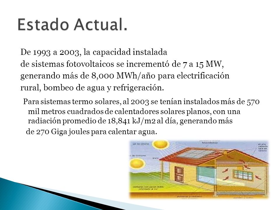 Estado Actual. De 1993 a 2003, la capacidad instalada. de sistemas fotovoltaicos se incrementó de 7 a 15 MW,