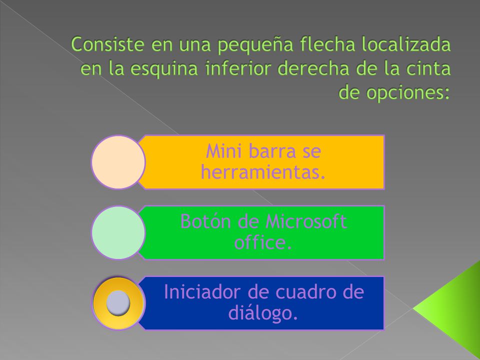 Consiste en una pequeña flecha localizada en la esquina inferior derecha de la cinta de opciones:
