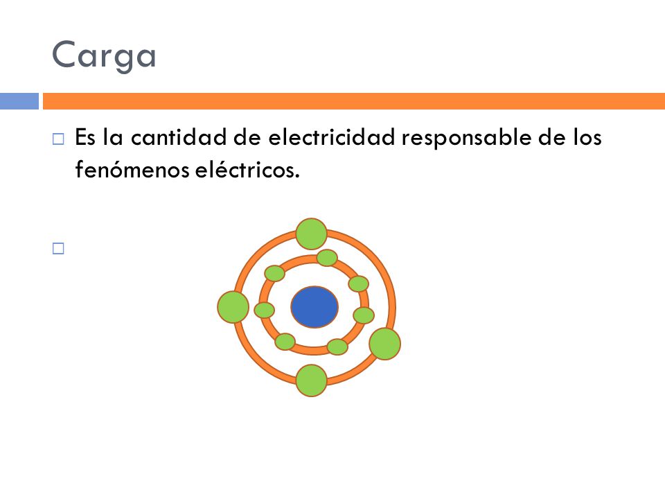 Carga Es la cantidad de electricidad responsable de los fenómenos eléctricos.