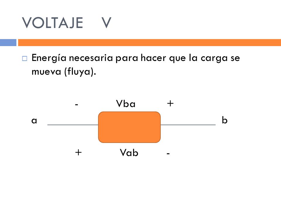 VOLTAJE V Energía necesaria para hacer que la carga se mueva (fluya).
