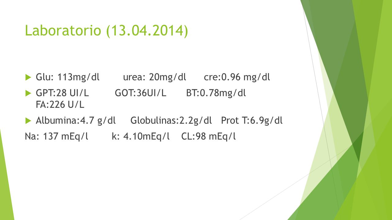 Laboratorio ( ) Glu: 113mg/dl urea: 20mg/dl cre:0.96 mg/dl