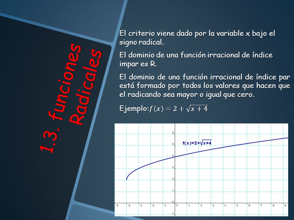 El criterio viene dado por la variable x bajo el signo radical.