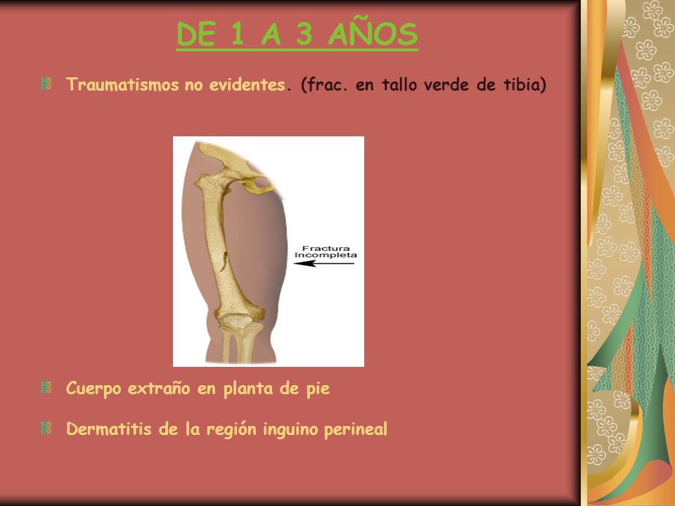 DE 1 A 3 AÑOS Traumatismos no evidentes. (frac. en tallo verde de tibia) Cuerpo extraño en planta de pie.