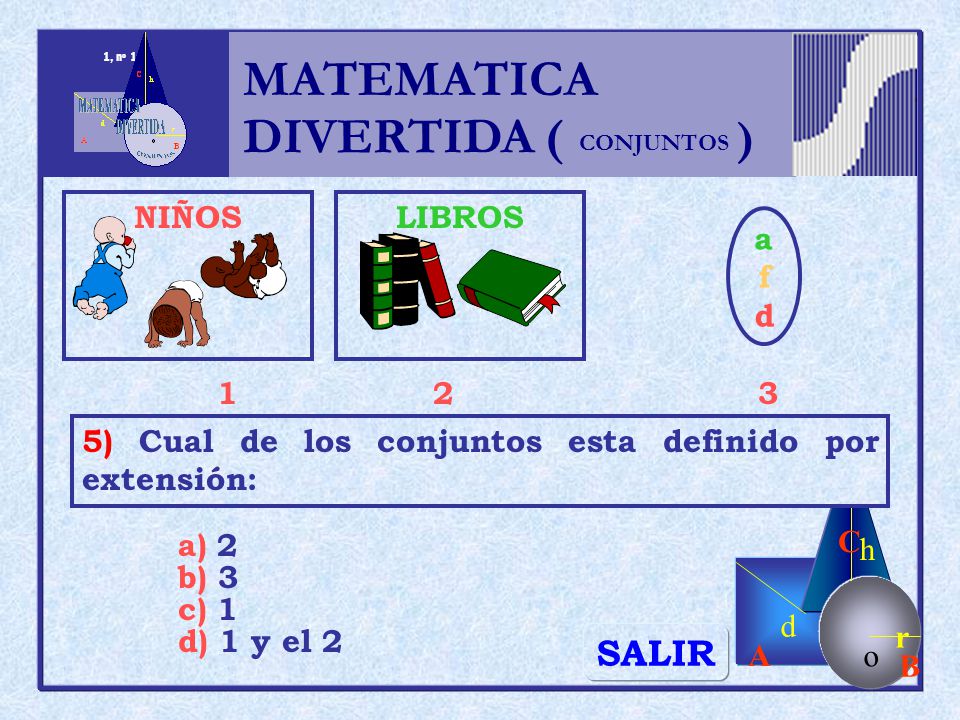 MATEMATICA DIVERTIDA ( ) SALIR h r o A B C d NIÑOS LIBROS a f d 1 2 3