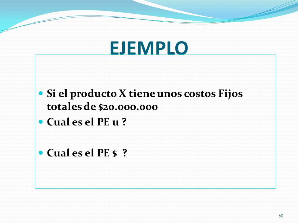 EJEMPLO Si el producto X tiene unos costos Fijos totales de $