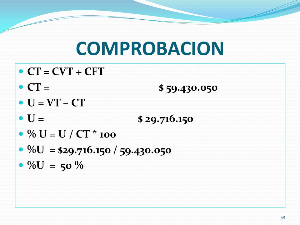 COMPROBACION CT = CVT + CFT CT = $ U = VT – CT