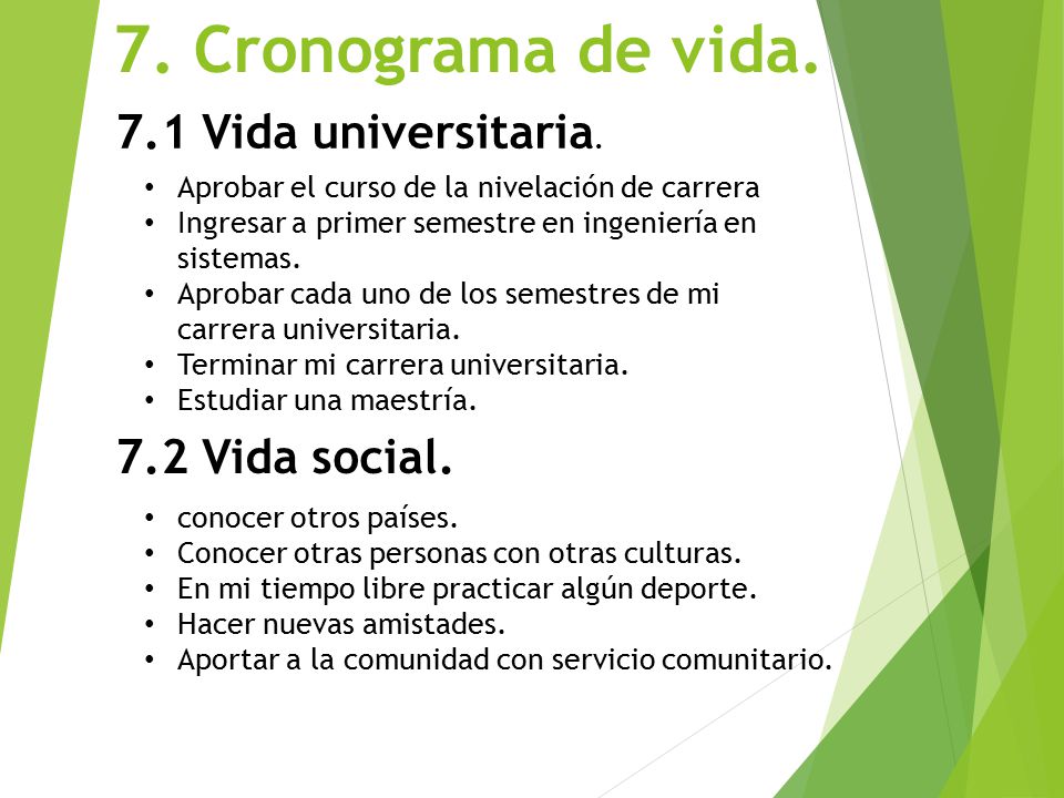 7. Cronograma de vida. 7.1 Vida universitaria. 7.2 Vida social.