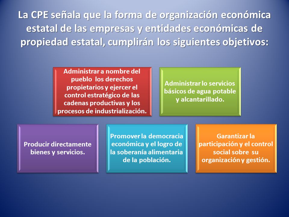 La CPE señala que la forma de organización económica estatal de las empresas y entidades económicas de propiedad estatal, cumplirán los siguientes objetivos: