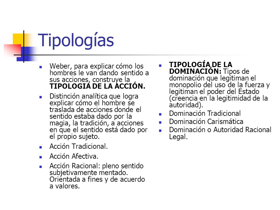 Tipologías Weber, para explicar cómo los hombres le van dando sentido a sus acciones, construye la TIPOLOGIA DE LA ACCIÓN.
