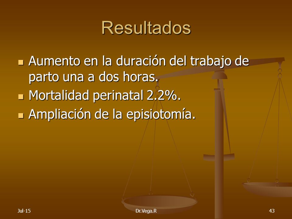 Resultados Aumento en la duración del trabajo de parto una a dos horas. Mortalidad perinatal 2.2%.