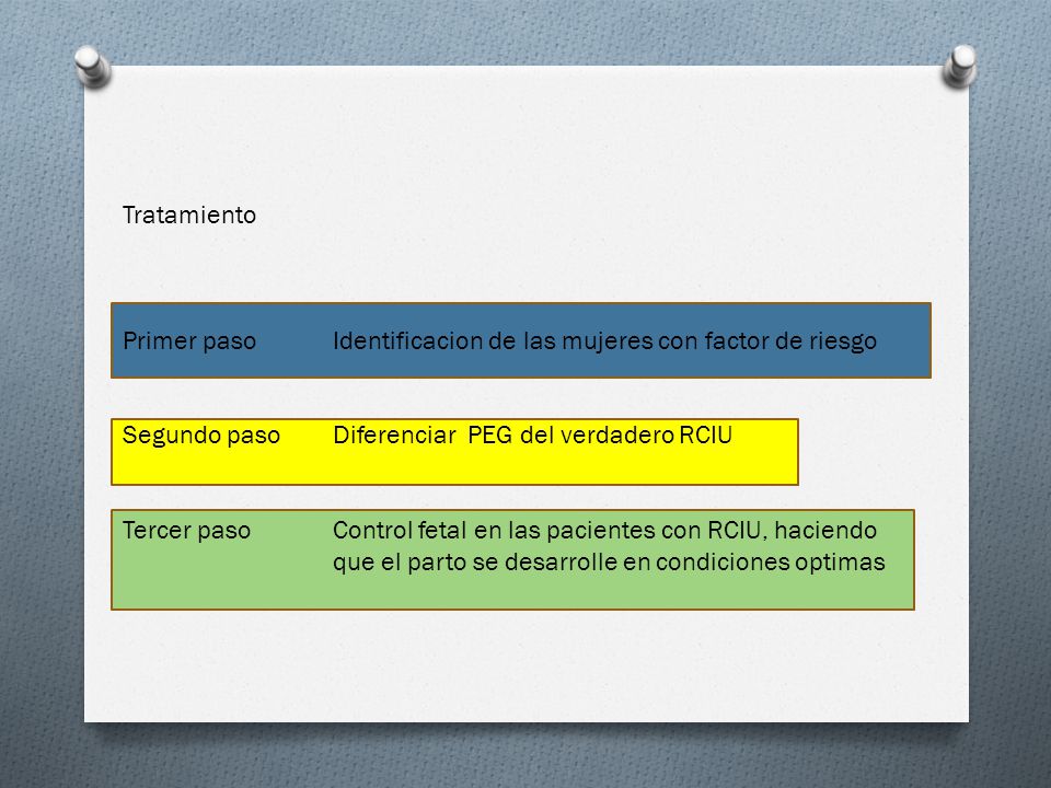 Tratamiento Primer paso Identificacion de las mujeres con factor de riesgo. Segundo paso Diferenciar PEG del verdadero RCIU.