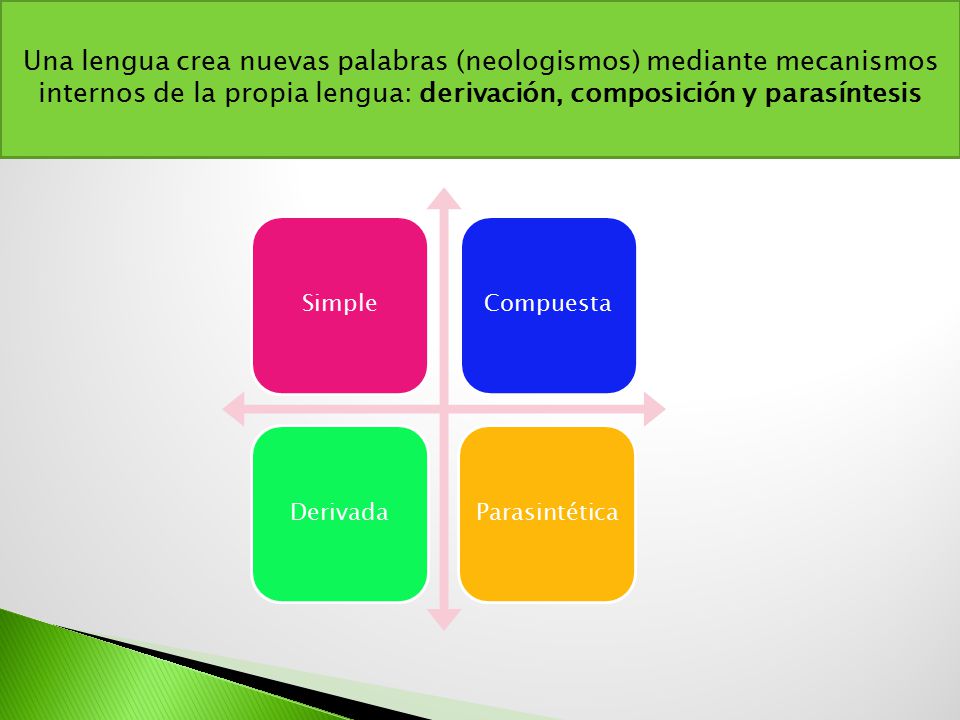 Una lengua crea nuevas palabras (neologismos) mediante mecanismos internos de la propia lengua: derivación, composición y parasíntesis