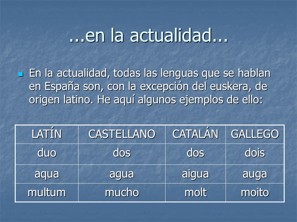 ...en la actualidad... LATÍN CASTELLANO CATALÁN GALLEGO duo dos dois