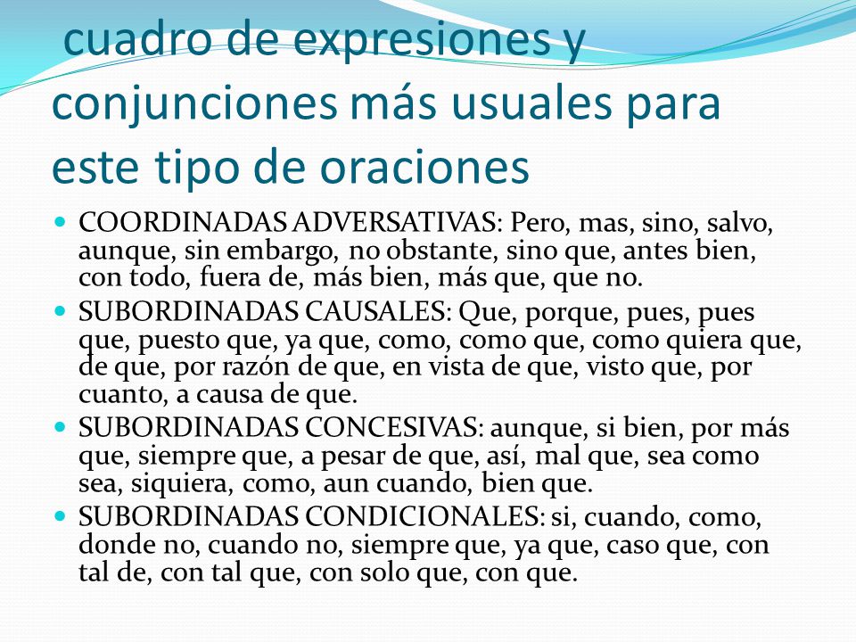 cuadro de expresiones y conjunciones más usuales para este tipo de oraciones