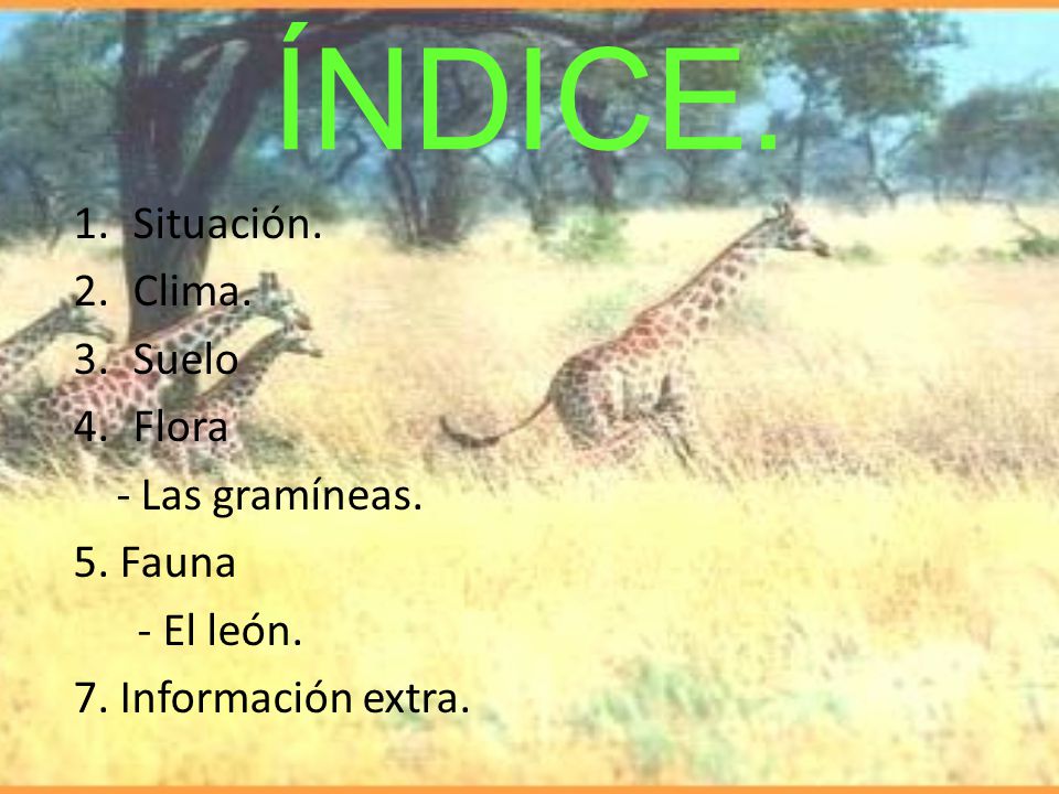 ÍNDICE. Situación. Clima. Suelo Flora - Las gramíneas. 5. Fauna