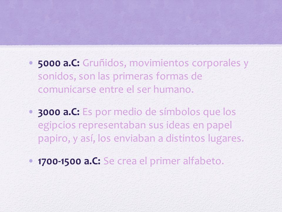 5000 a.C: Gruñidos, movimientos corporales y sonidos, son las primeras formas de comunicarse entre el ser humano.