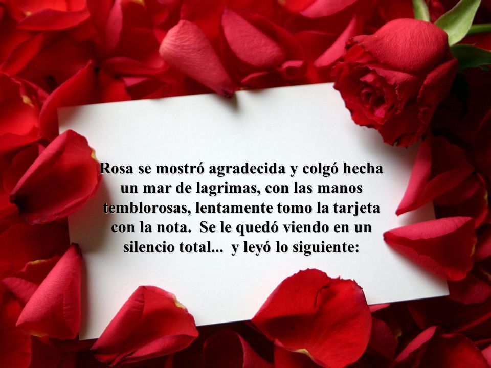 Rosa se mostró agradecida y colgó hecha un mar de lagrimas, con las manos temblorosas, lentamente tomo la tarjeta con la nota.