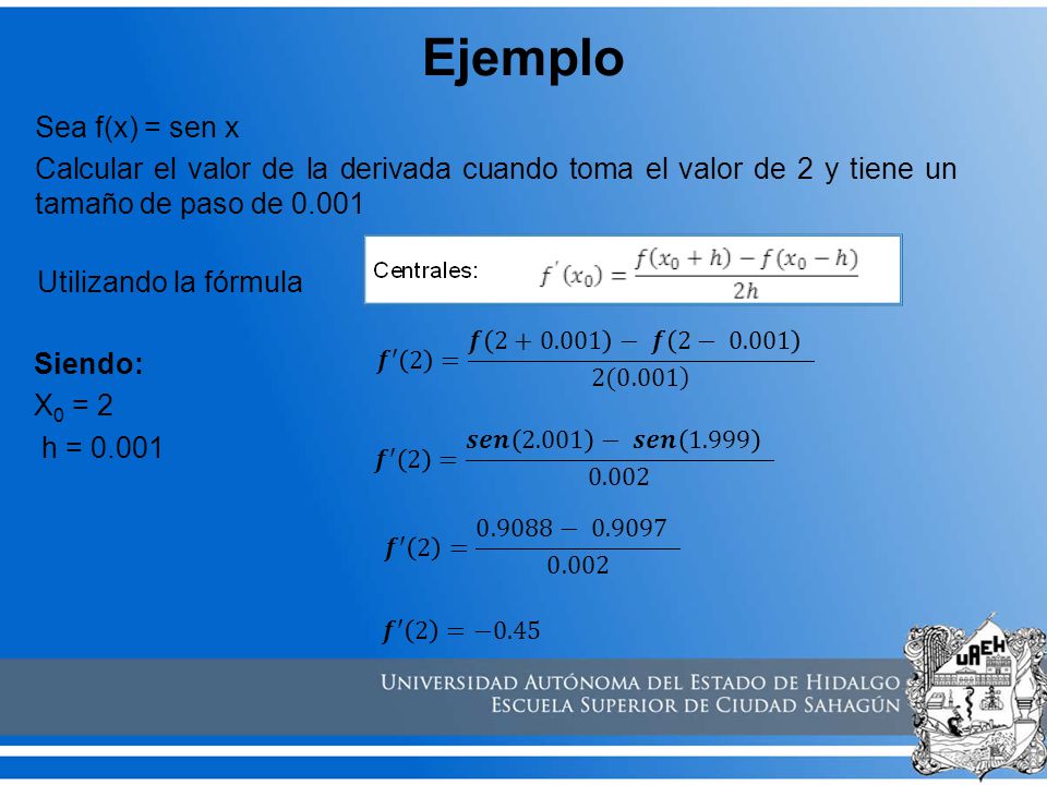Ejemplo Sea f(x) = sen x Calcular el valor de la derivada cuando toma el valor de 2 y tiene un tamaño de paso de
