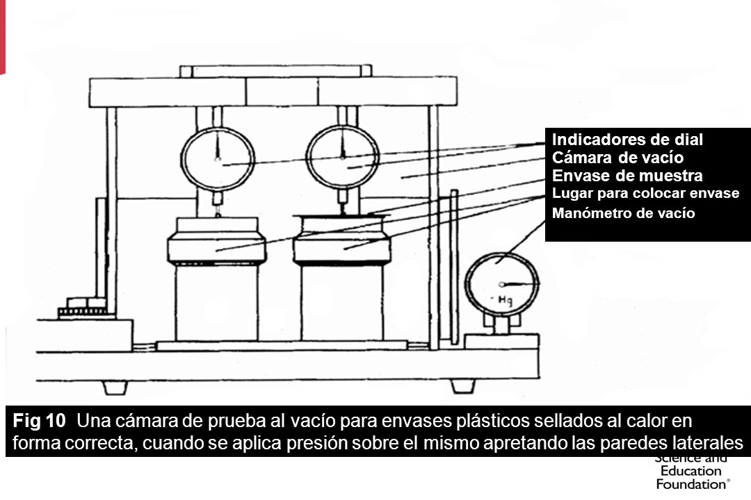 Indicadores de dial Cámara de vacío. Envase de muestra. Lugar para colocar envase. Manómetro de vacío.