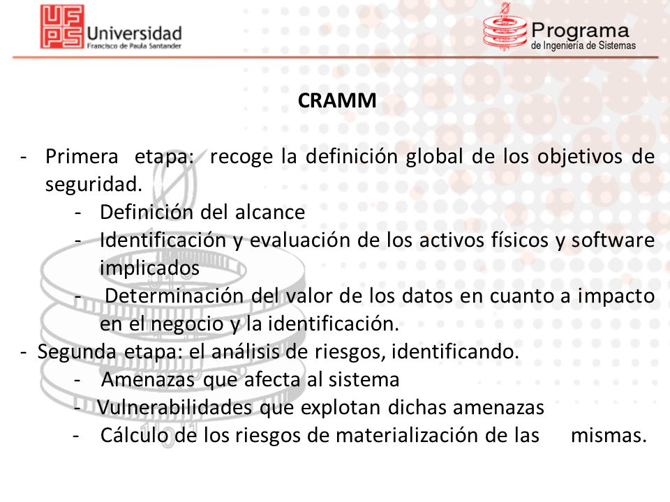 CRAMM Primera etapa: recoge la definición global de los objetivos de seguridad. Definición del alcance.