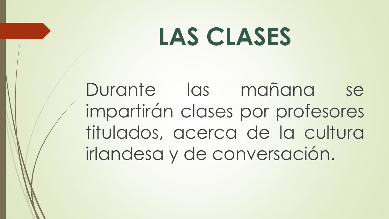 LAS CLASES Durante las mañana se impartirán clases por profesores titulados, acerca de la cultura irlandesa y de conversación.