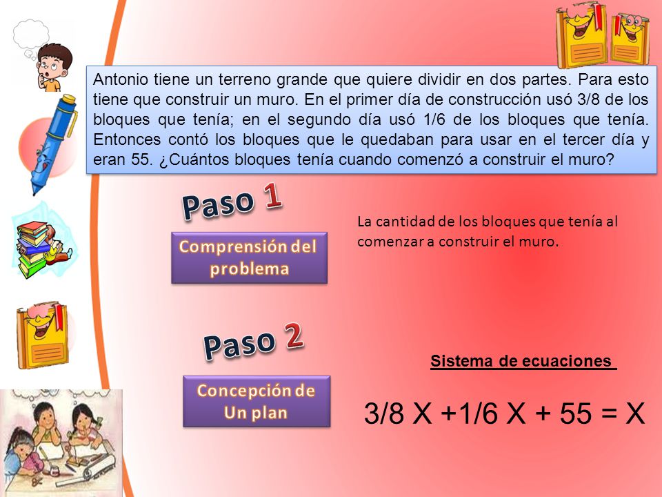 Paso 1 Paso 2 3/8 X +1/6 X + 55 = X Comprensión del problema