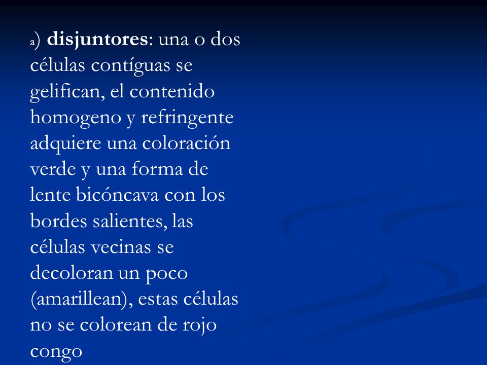 a) disjuntores: una o dos células contíguas se gelifican, el contenido homogeno y refringente adquiere una coloración verde y una forma de lente bicóncava con los bordes salientes, las células vecinas se decoloran un poco (amarillean), estas células no se colorean de rojo congo